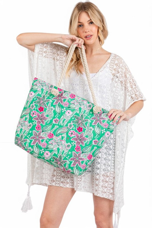 Floral Print Large Tote Bag with Rope Strap