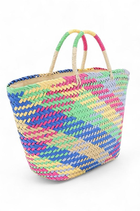 Color Weaved Faux Straw Basket Tote Bag