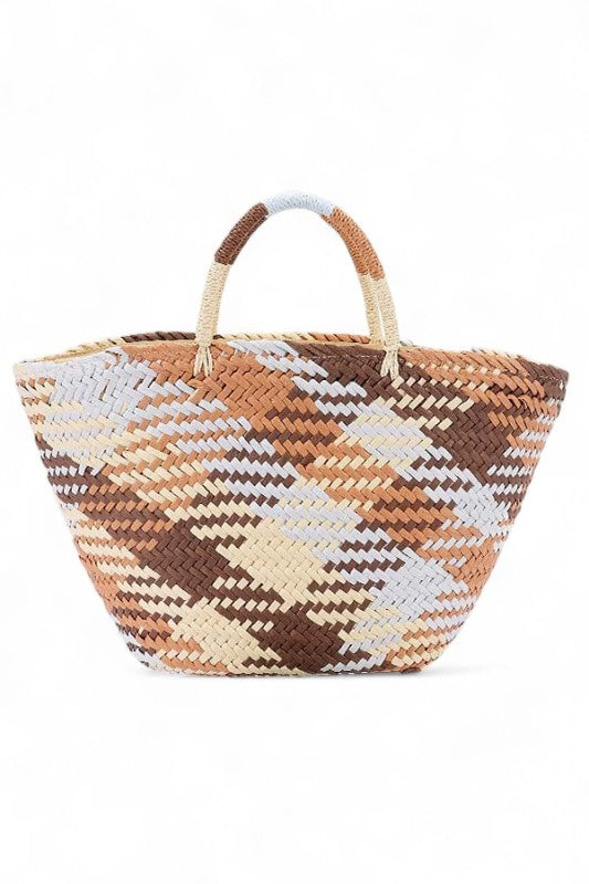 Color Weaved Faux Straw Basket Tote Bag