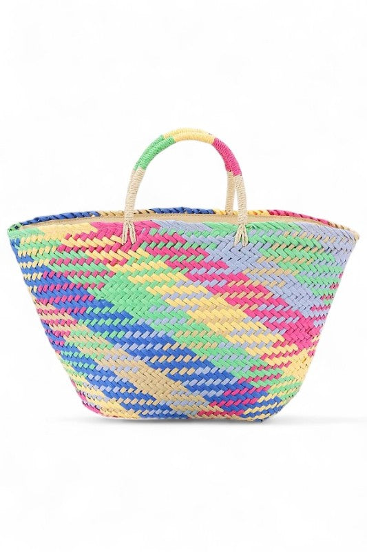 Color Weaved Faux Straw Basket Tote Bag