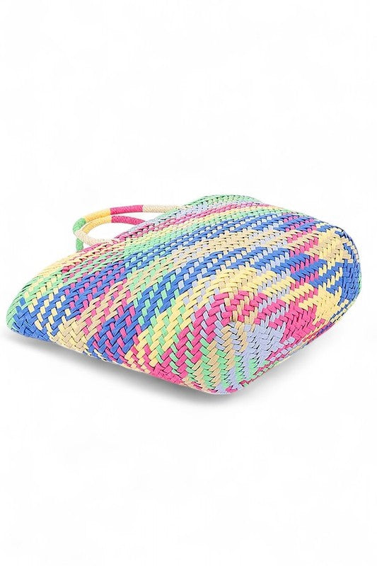 Color Weaved Faux Straw Basket Tote Bag