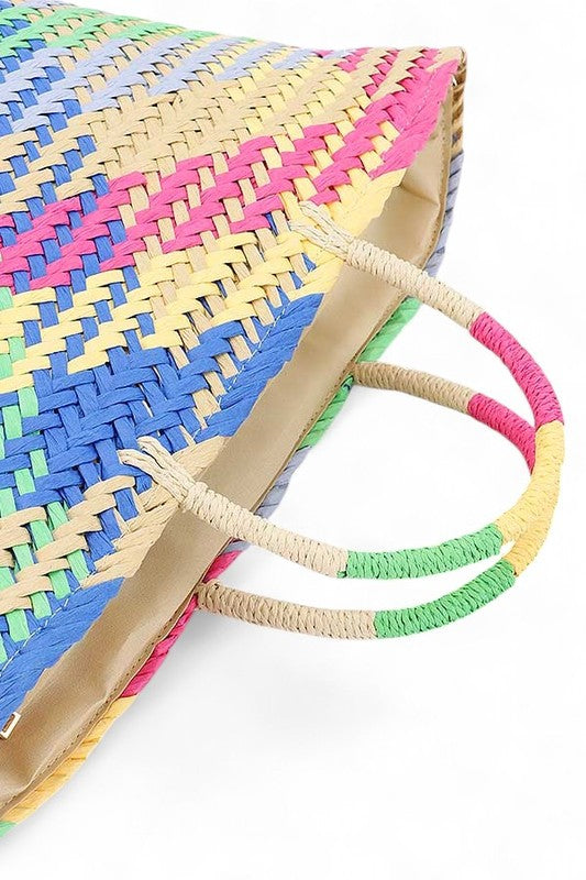 Color Weaved Faux Straw Basket Tote Bag