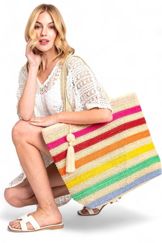 Rainbow Stripe Faux Straw Tote Bag Set
