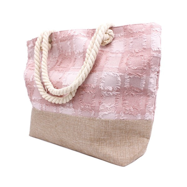 Plaid Frayed Tweed Beach Tote Bag