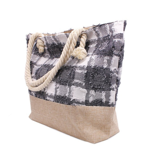 Plaid Frayed Tweed Beach Tote Bag