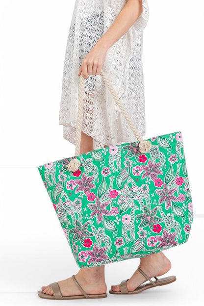 Floral Print Large Tote Bag with Rope Strap