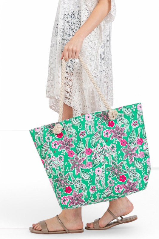 Floral Print Large Tote Bag with Rope Strap