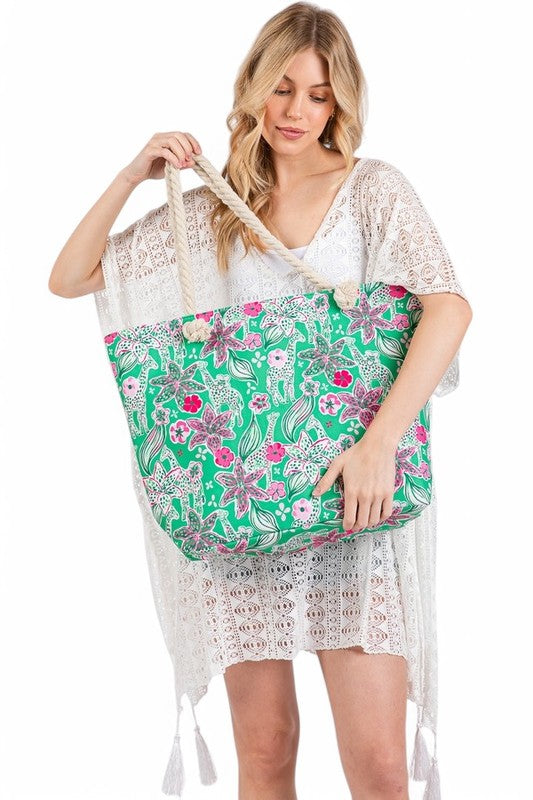 Floral Print Large Tote Bag with Rope Strap