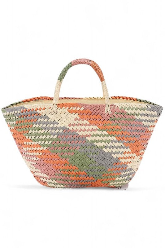 Color Weaved Faux Straw Basket Tote Bag