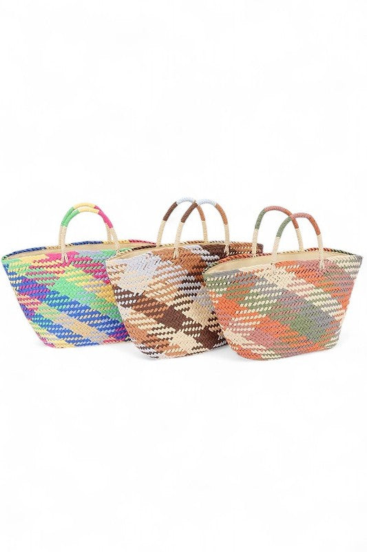 Color Weaved Faux Straw Basket Tote Bag