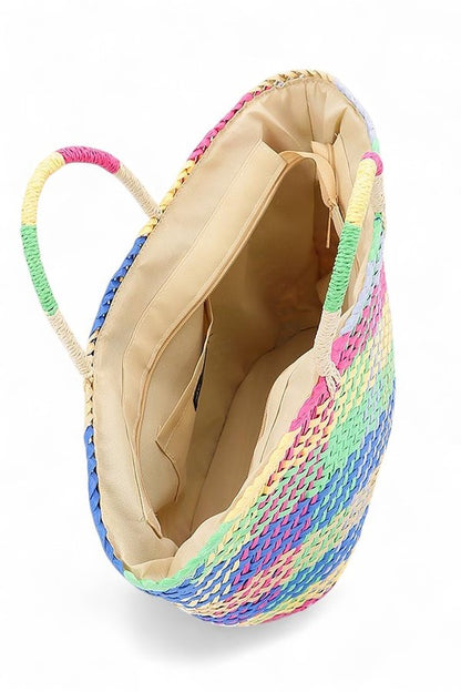Color Weaved Faux Straw Basket Tote Bag