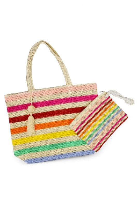 Rainbow Stripe Faux Straw Tote Bag Set