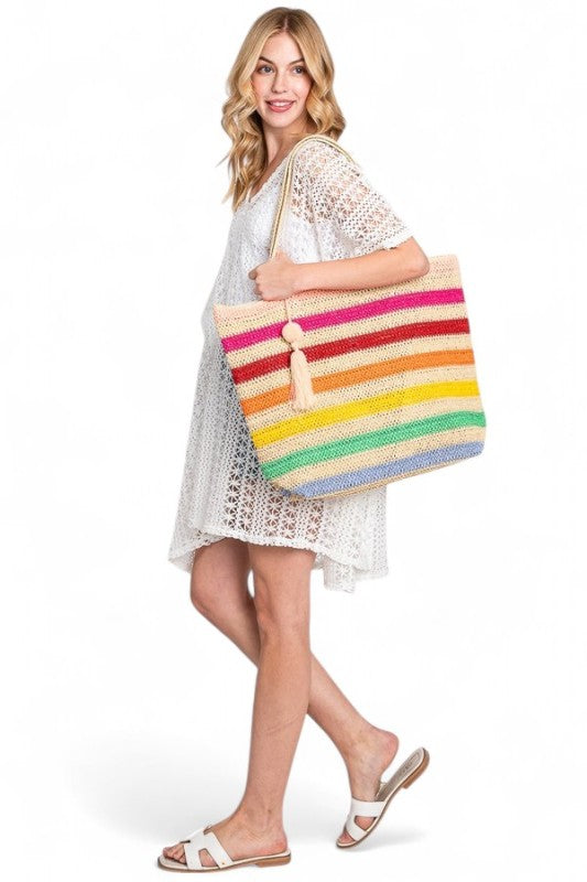 Rainbow Stripe Faux Straw Tote Bag Set