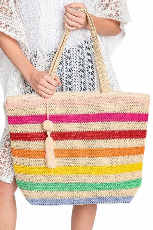 Rainbow Stripe Faux Straw Tote Bag Set