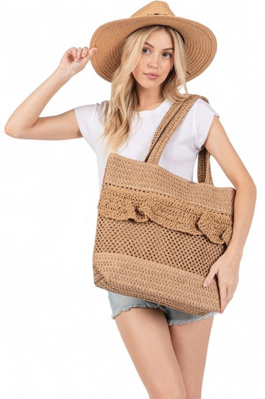 Ruffle Crochet Straw Tote Bag
