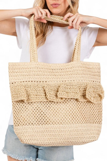 Ruffle Crochet Straw Tote Bag