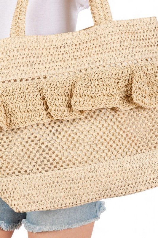 Ruffle Crochet Straw Tote Bag