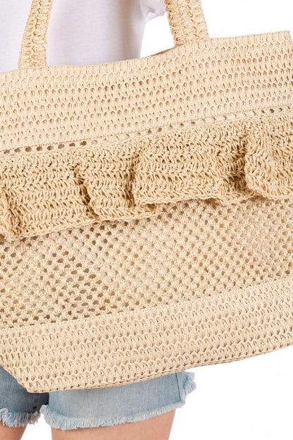 Ruffle Crochet Straw Tote Bag