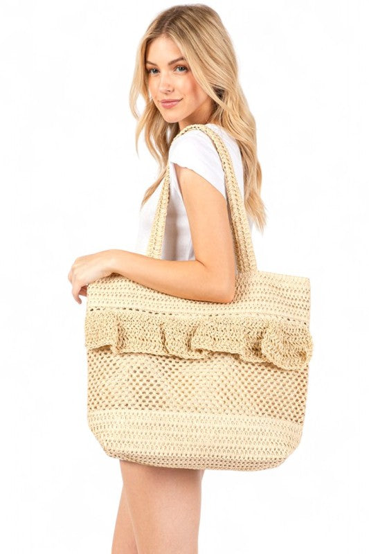 Ruffle Crochet Straw Tote Bag