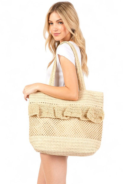 Ruffle Crochet Straw Tote Bag