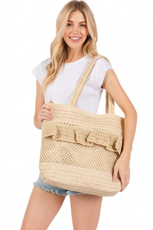 Ruffle Crochet Straw Tote Bag